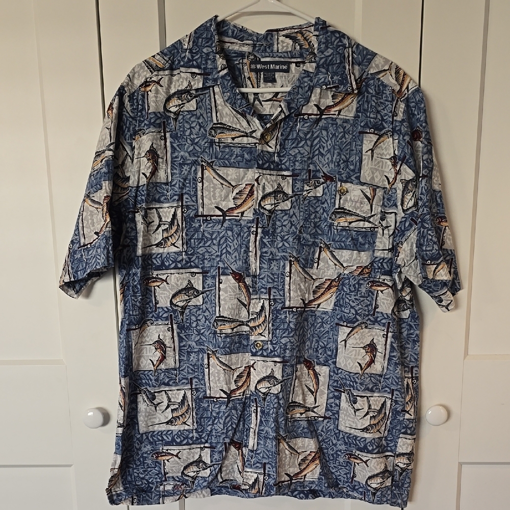 West Marine Blue and White Casual Button Down Shirt
